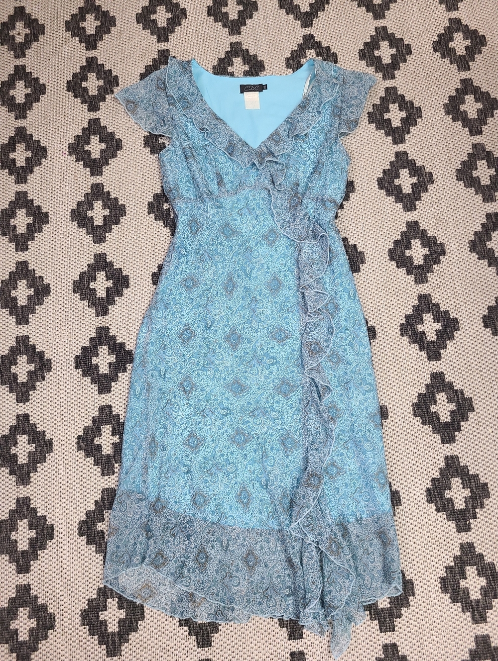 Y2k CDC Sky Blue Paisley Ruffle Midi Dress
